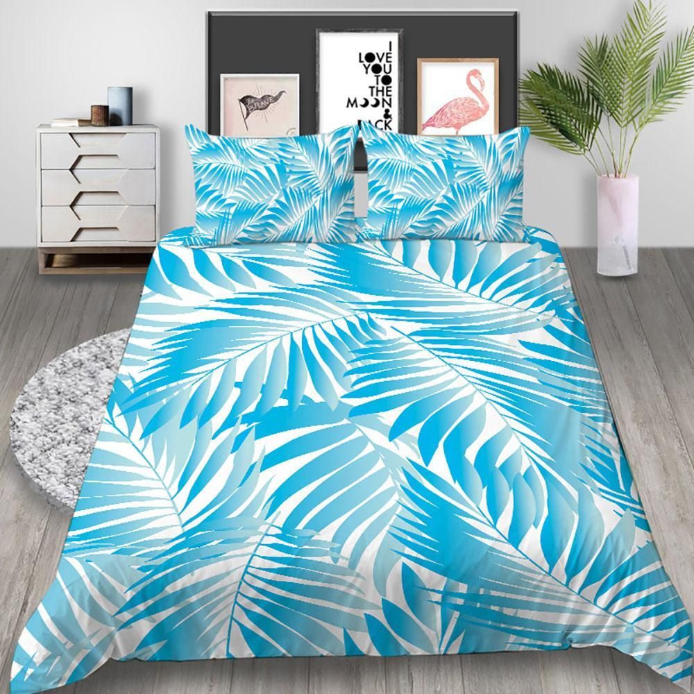 Blue Leaves In White Bedding Set