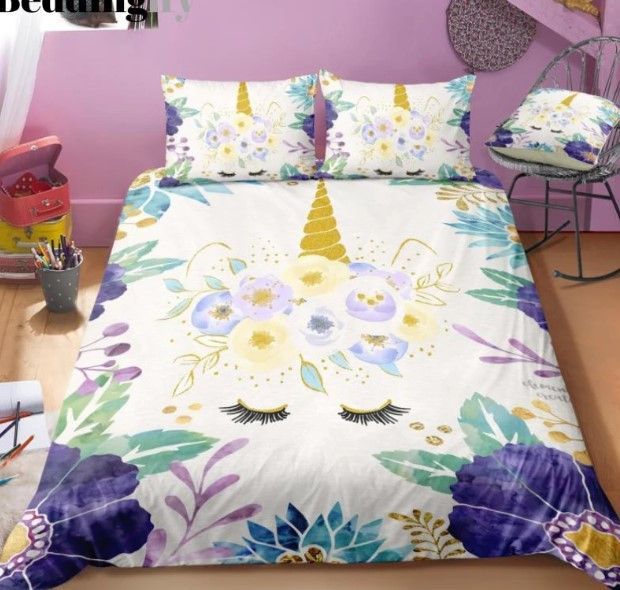 Blue Leaves Unicorn Bedding Set