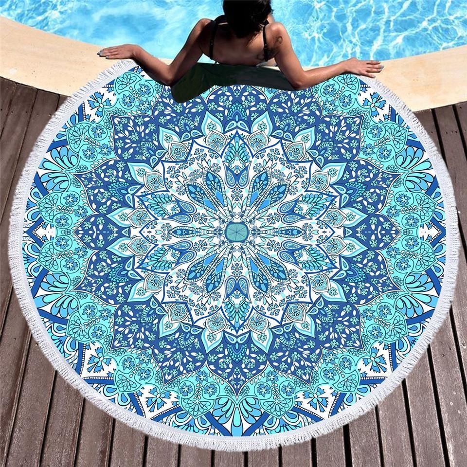 Blue Mandala Flower Design Printed Round Beach Towel