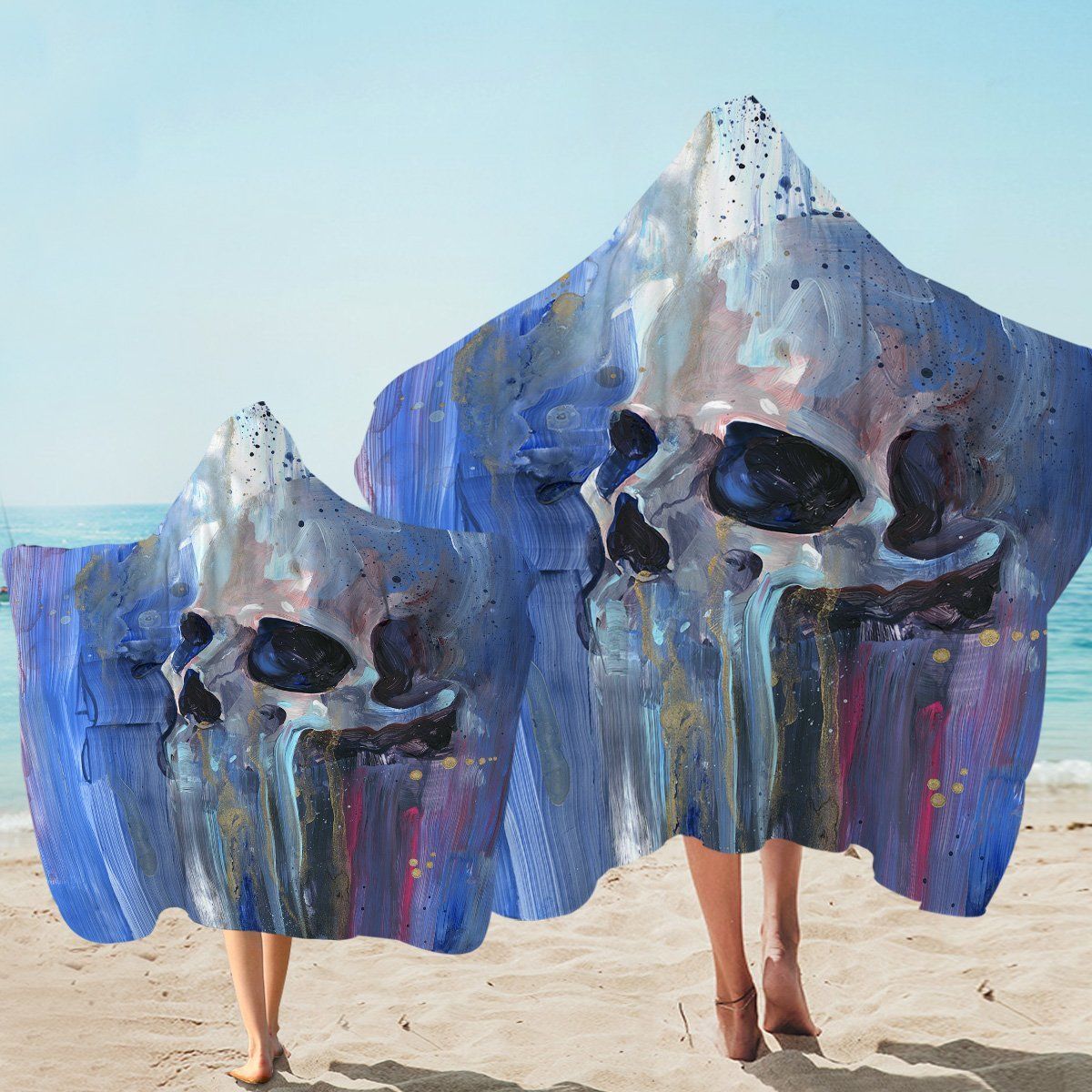 Blue Melting Skull Illustration Printed Hooded Towel