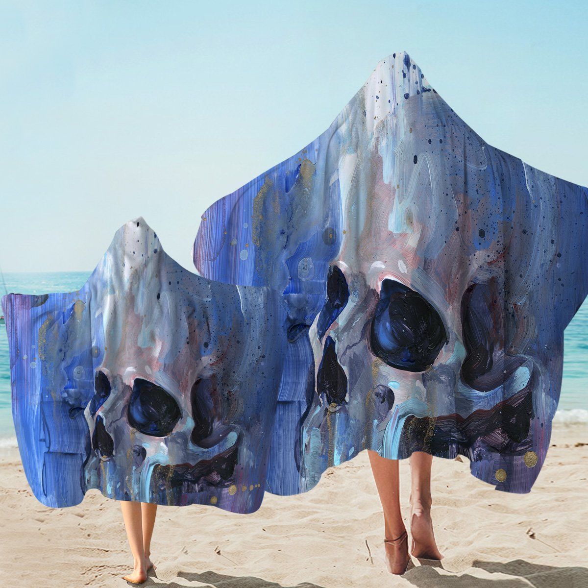 Blue Melting Skull Printed Hooded Towel