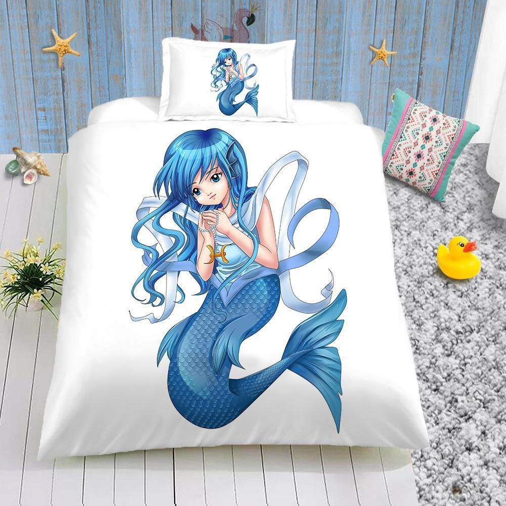Blue Mermaid For Kids Lovely Cartoon Printed Bedding Set