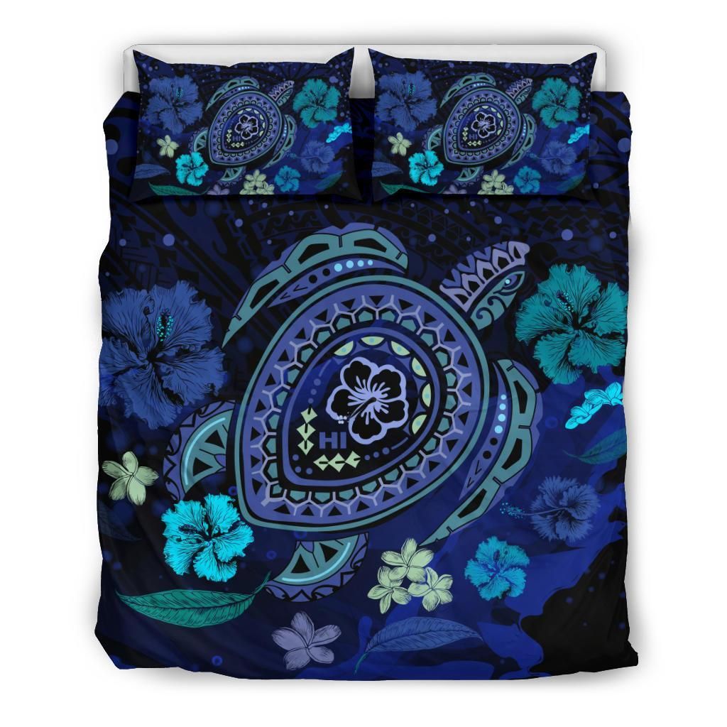 Blue Ocean Honu And Flowers Bedding Set