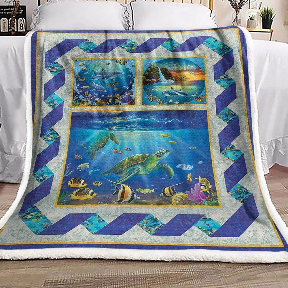 Blue Ocean Turtle Fish Dolphin Seagull Sunset Mountain Waterfall Sherpa Fleece Blanket