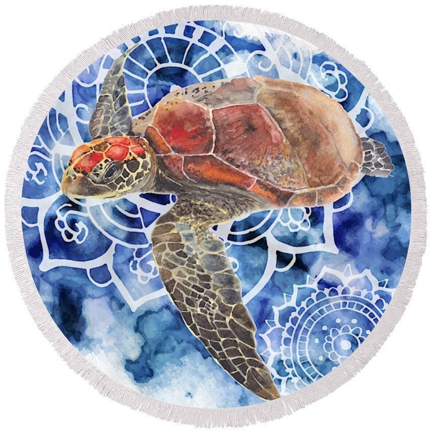 Blue Pattern With Turtle Printed Round Beach Towel