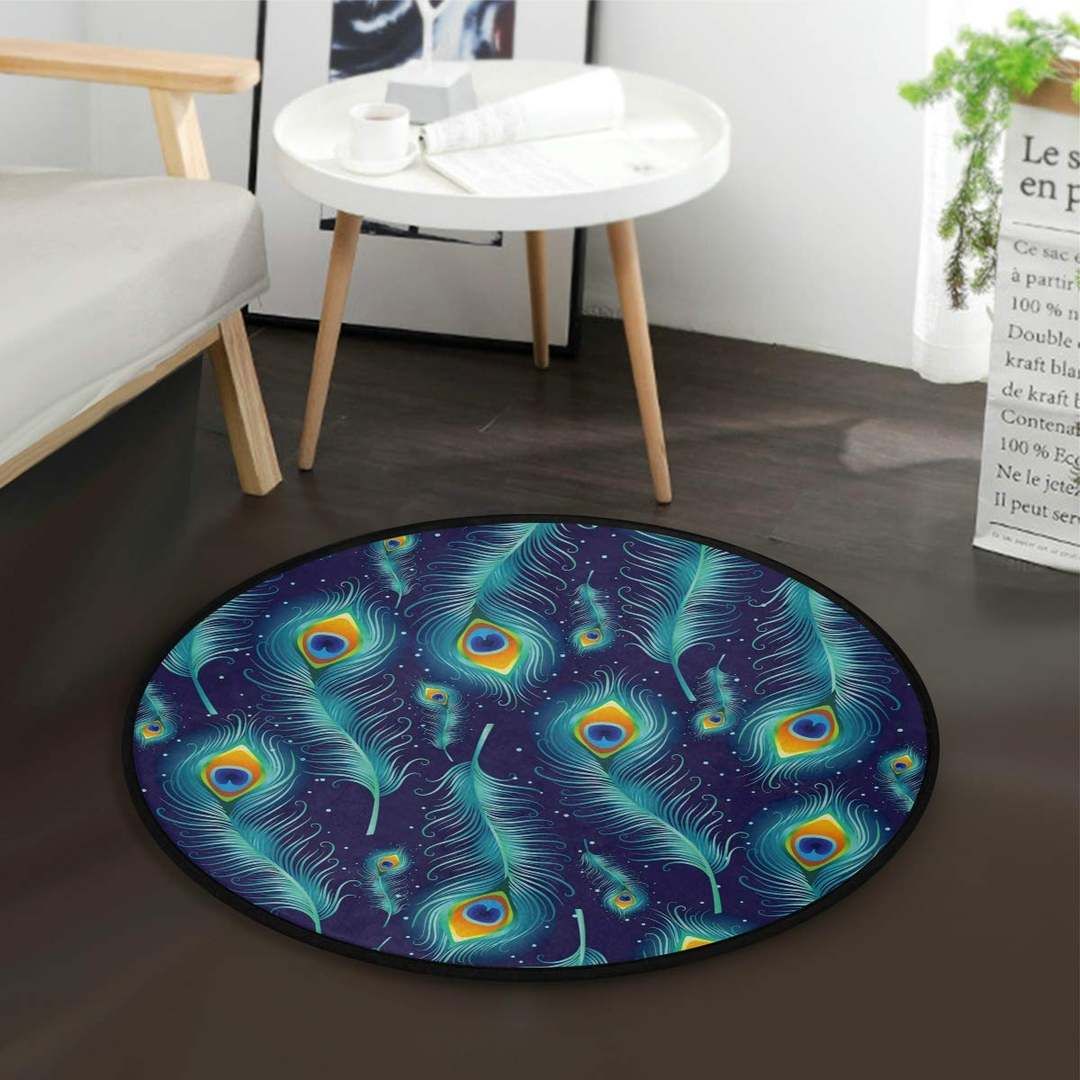 Blue Peacock Feather Round Carpet