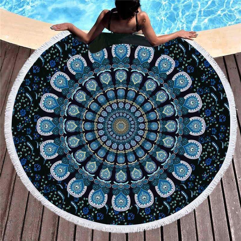 Blue Peacock Round Flower Printed Round Beach Towel