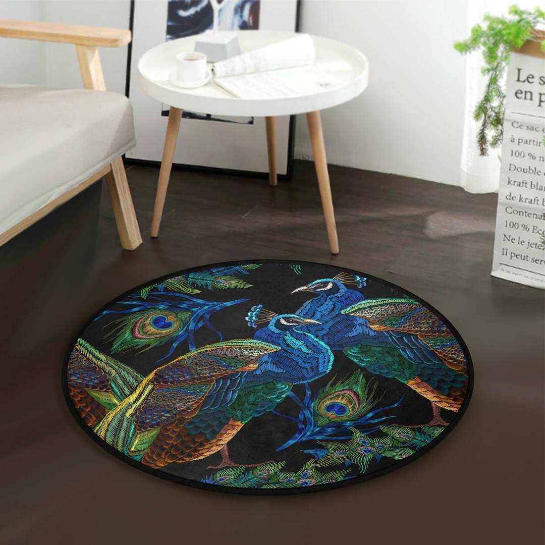 Blue Peacocks Round Carpet