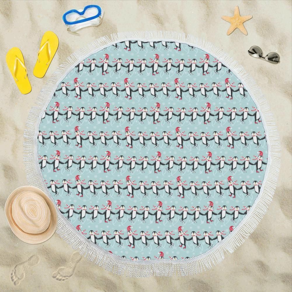 Blue Penguin Sking Design Round Beach Towel