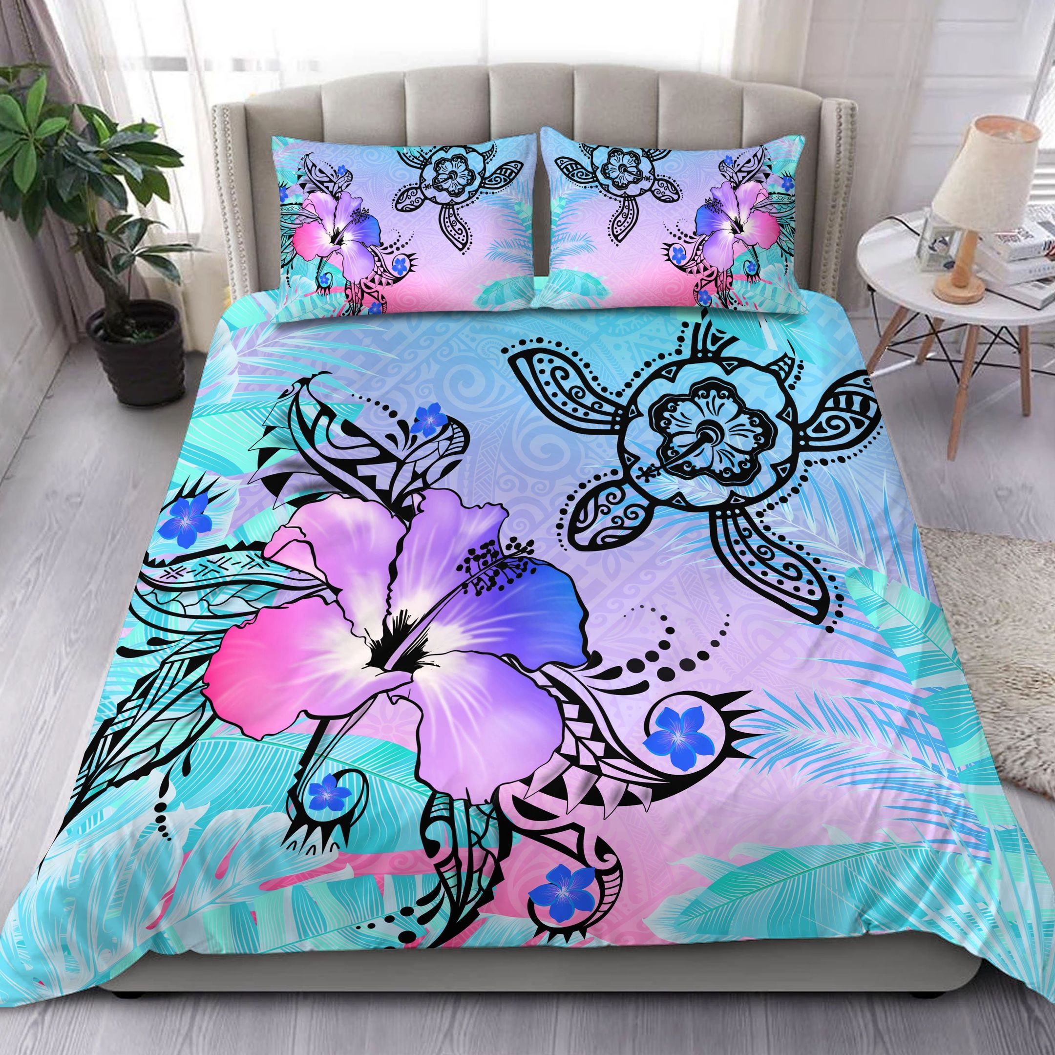 Blue Pink Hawaii Turtle Flowers And Palms Retro Bedding Set