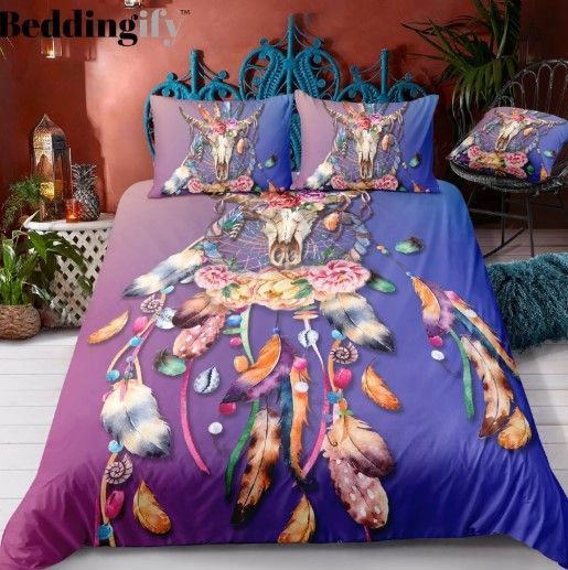 Blue Purple Butterflies Dreamcatcher Bedding Set