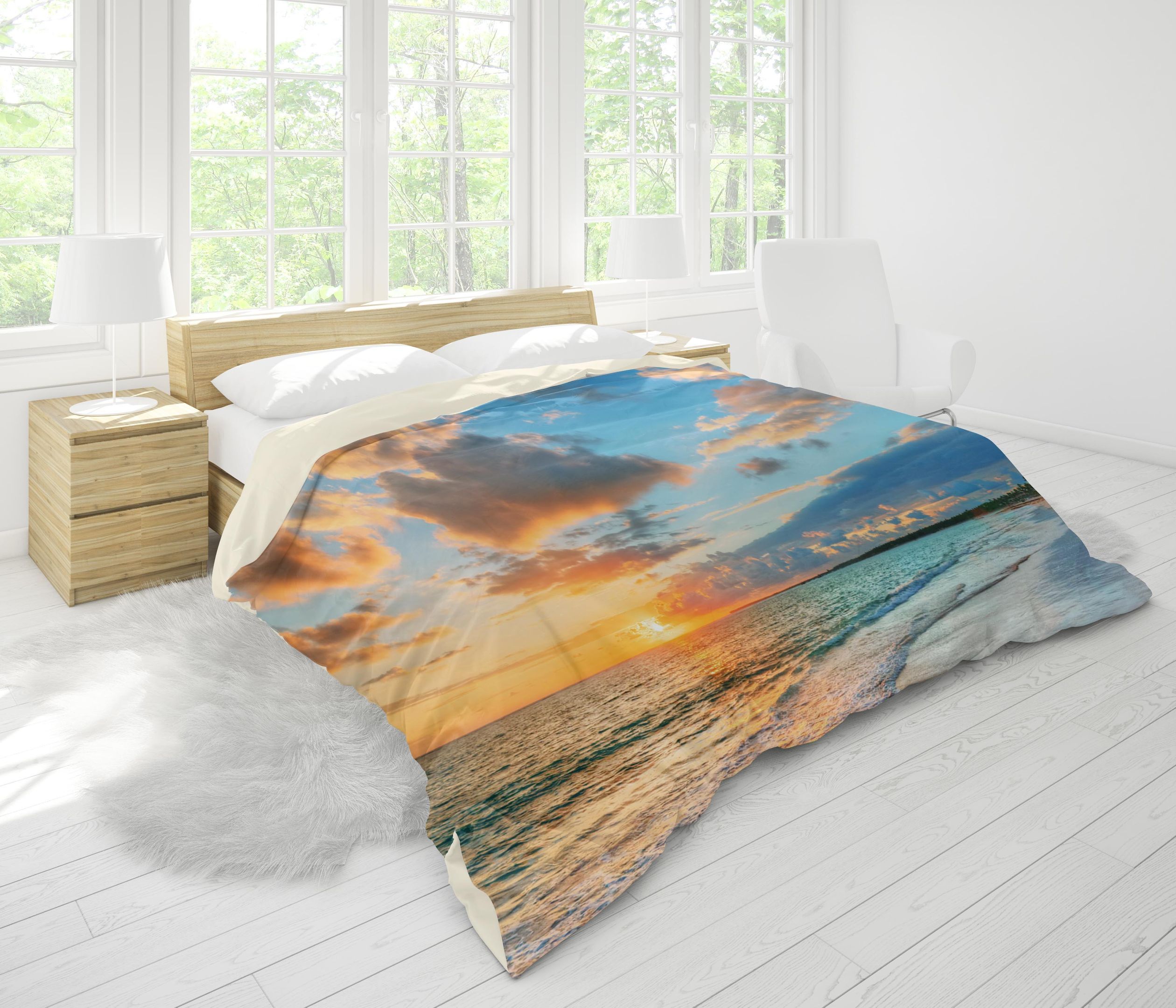 Blue Sea Sunset Beach Trees Bedding Set