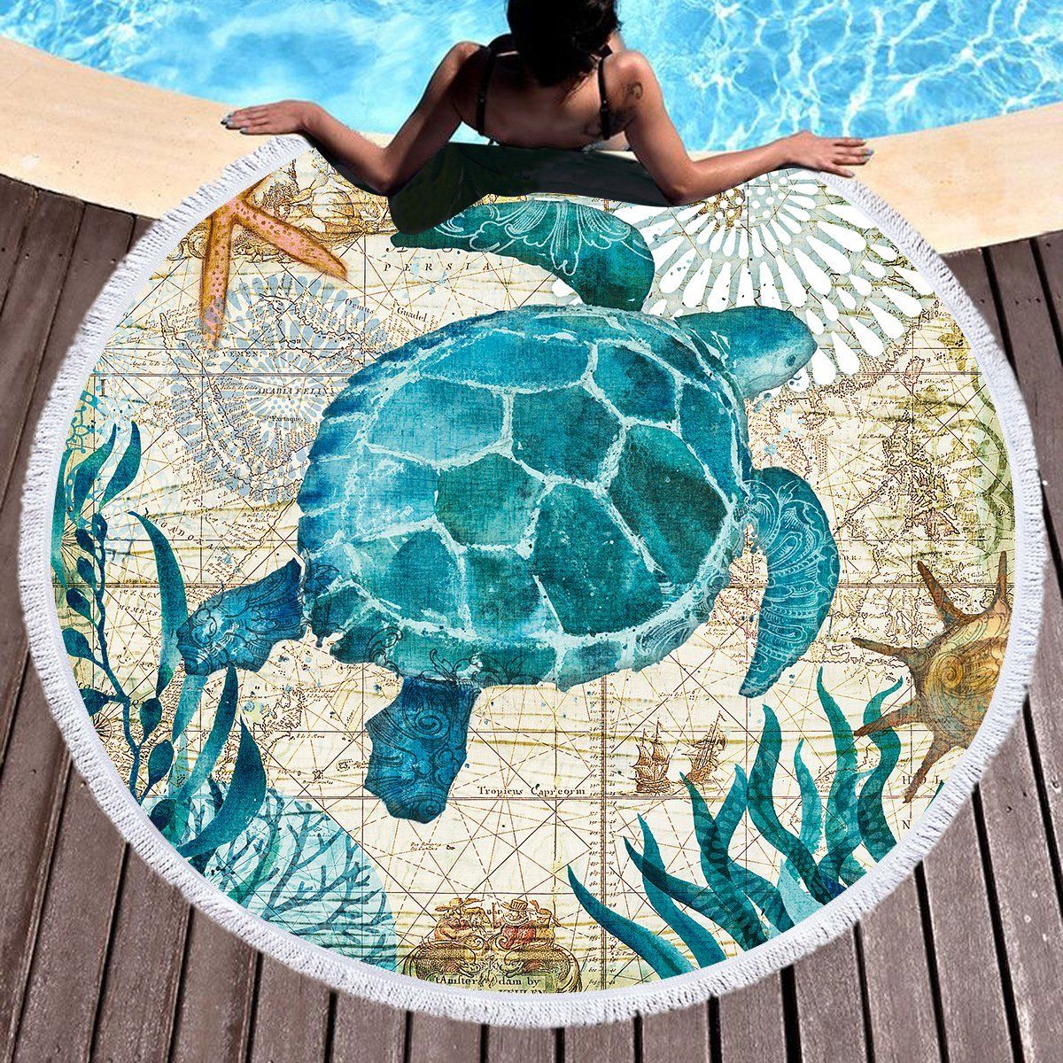 Blue Sea Turtle And Seaweed Printed Round Beach Towel