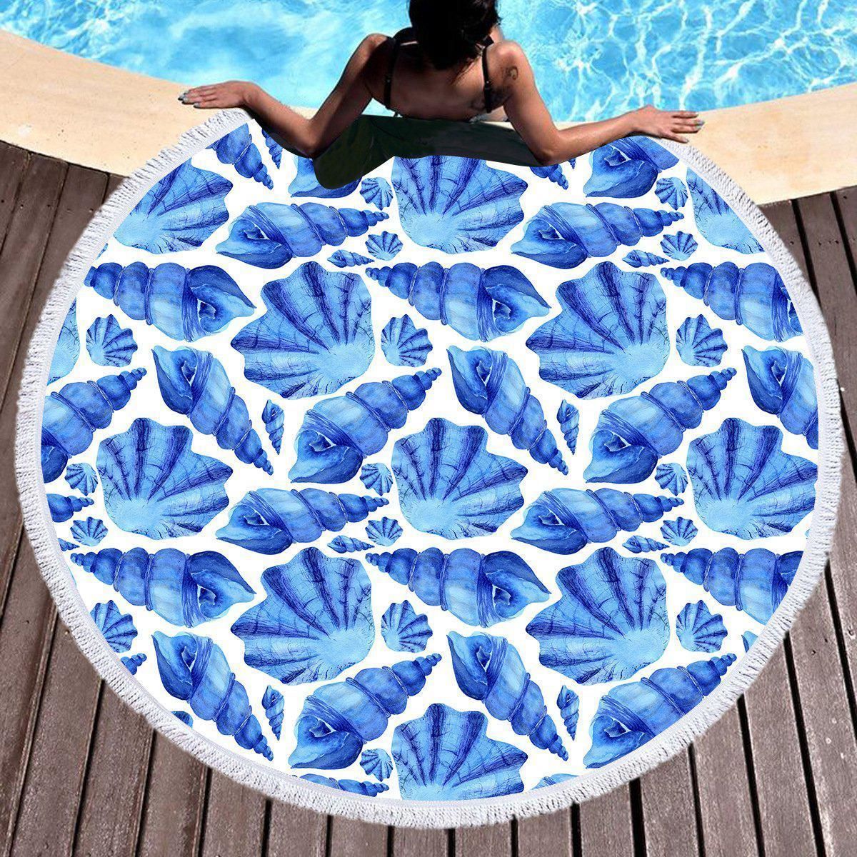 Blue Shelly On White Printed Round Beach Towel