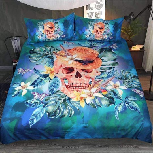 BLUE SKULL FLORAL Bedding Set