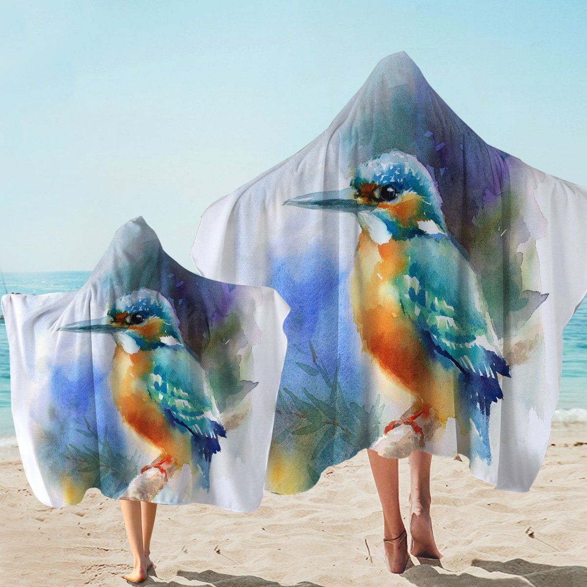 Blue Sparrow On White Printed Hooded Towel