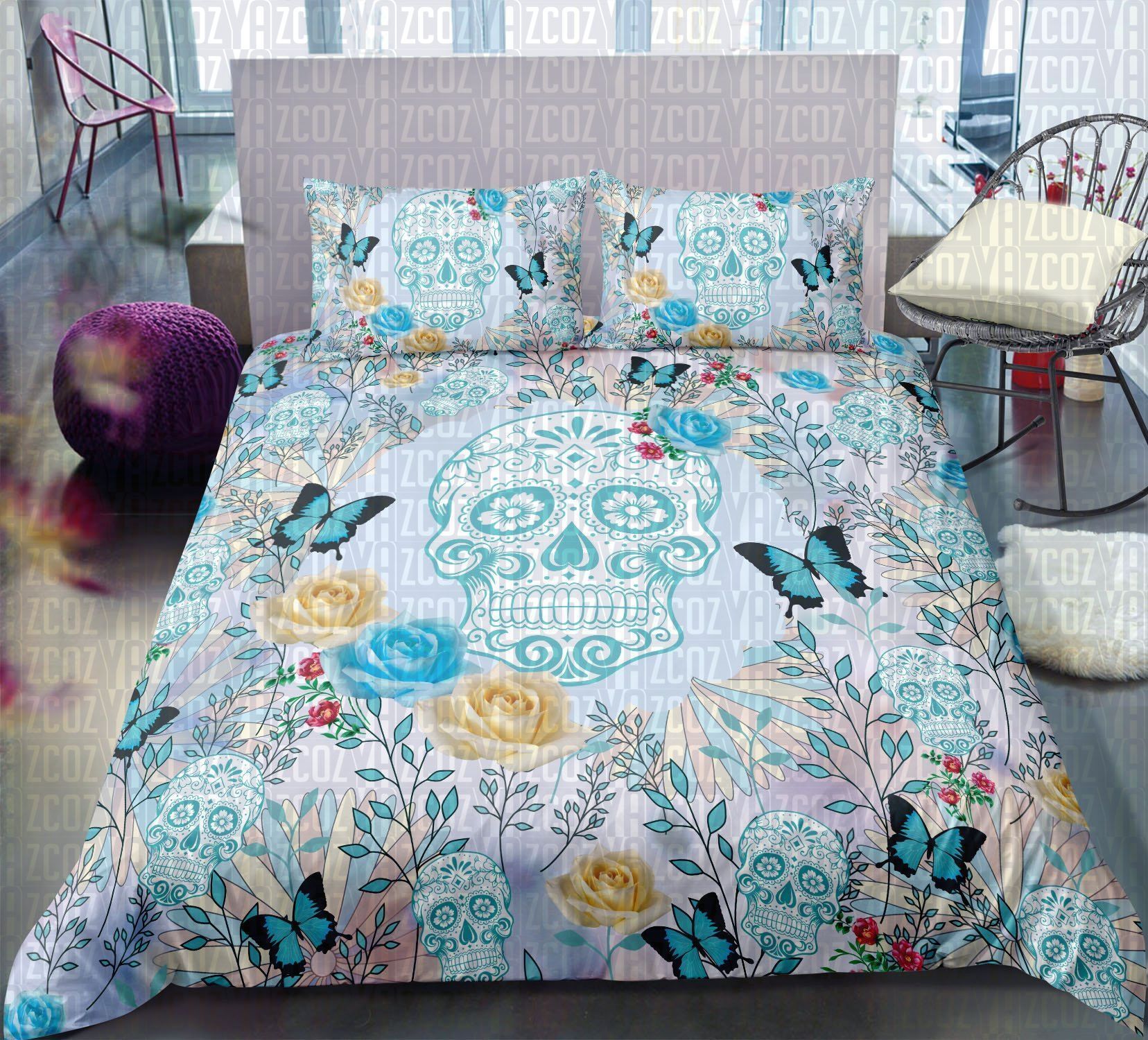 Blue Sugar Skull Blue Butterflies Bedding Set