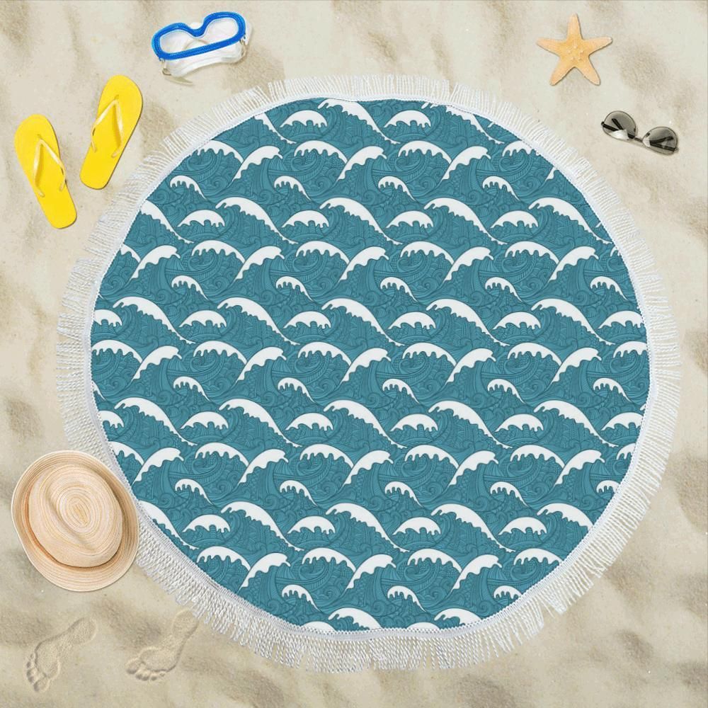 Blue Surf Wave Tribal Design Round Beach Towel