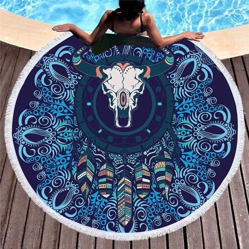 Blue Taurus Dream Catcher Printed Round Beach Towel