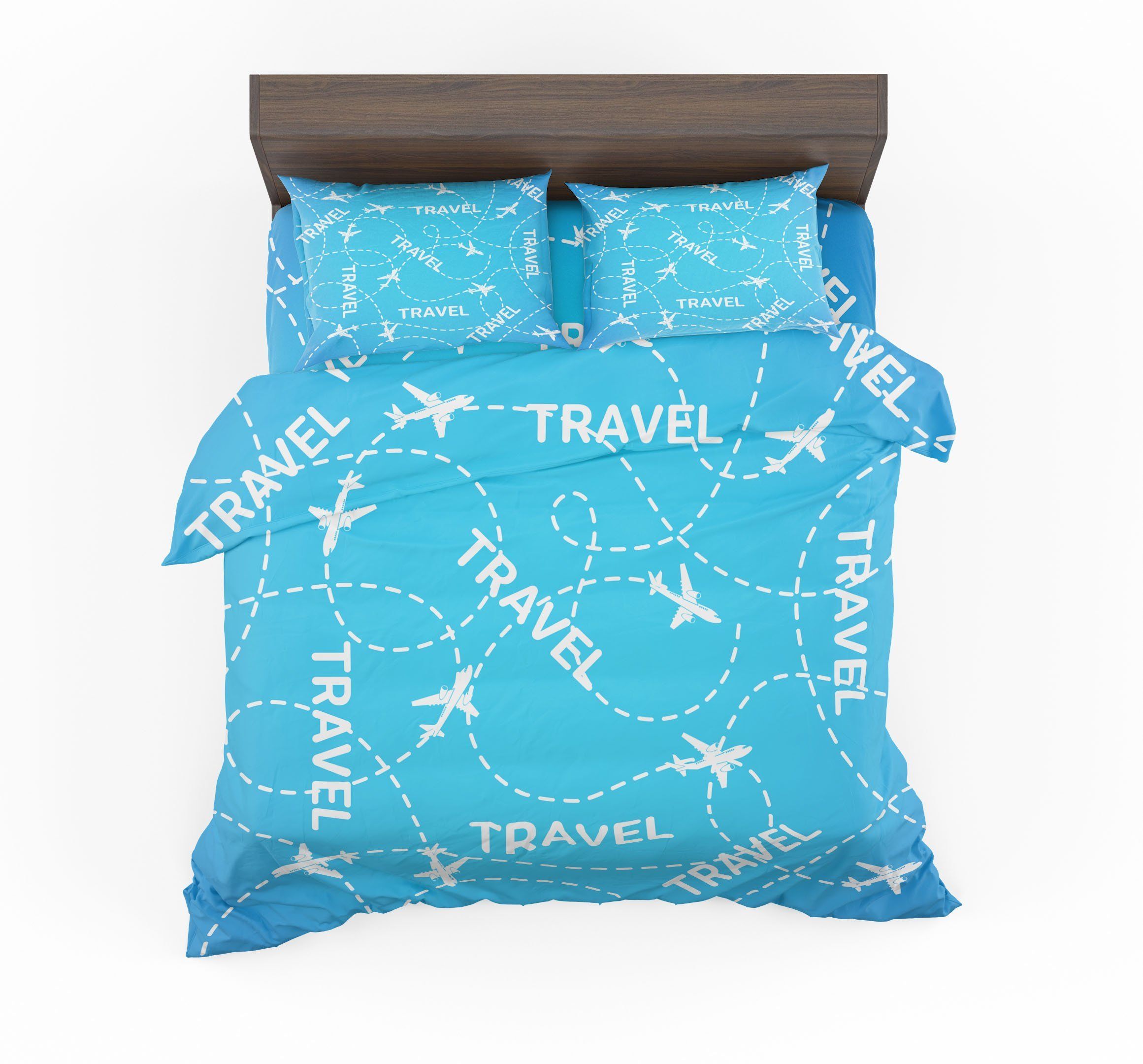 Blue Travel And Planes Designed Bedding Set