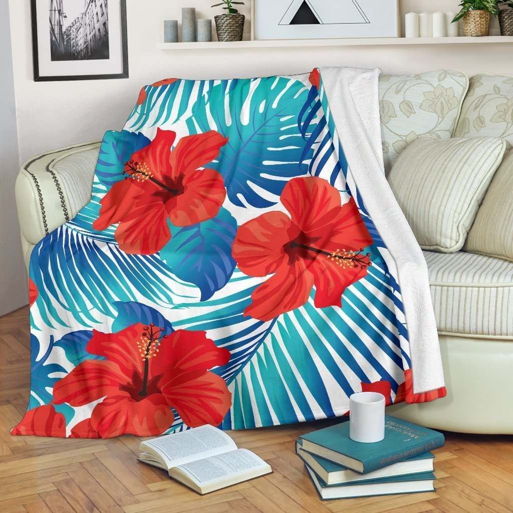 Blue Tropical Hibiscus Sherpa Fleece Blanket