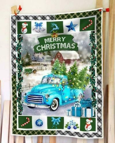 Blue Truck Merry Christmas Sherpa Fleece Blanket