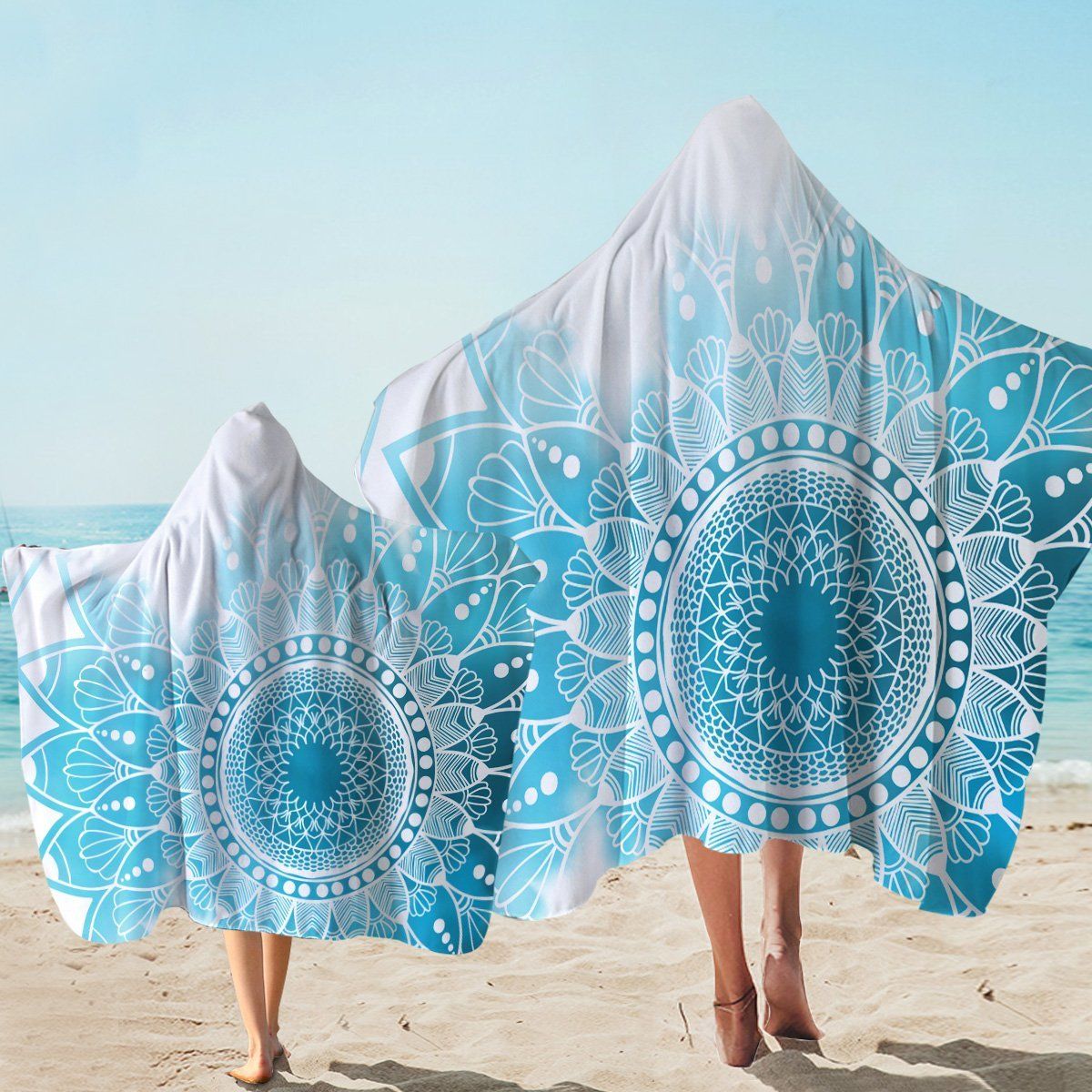 Blue Turquoise Mandala Printed Hooded Towel