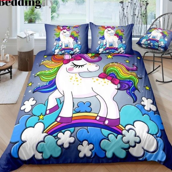 Blue Unicorn And Rainbow Bedding Set
