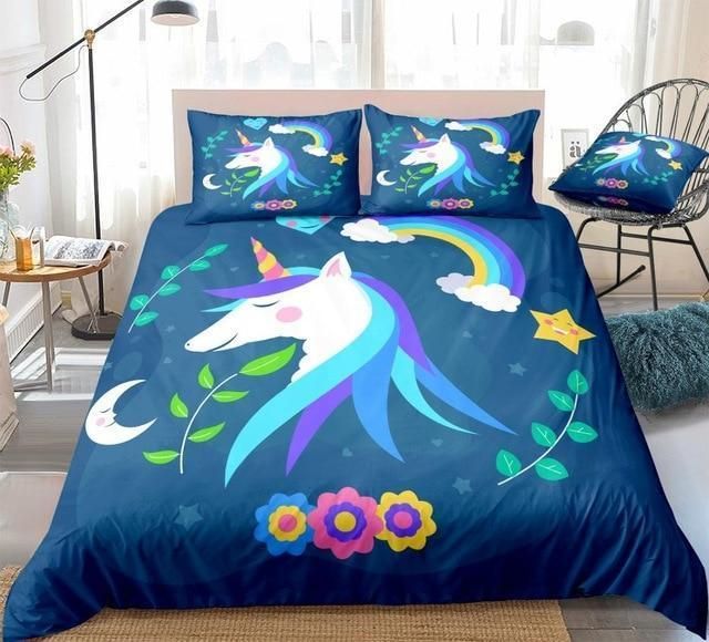 Blue Unicorn Rainbow And Moon Bedding Set