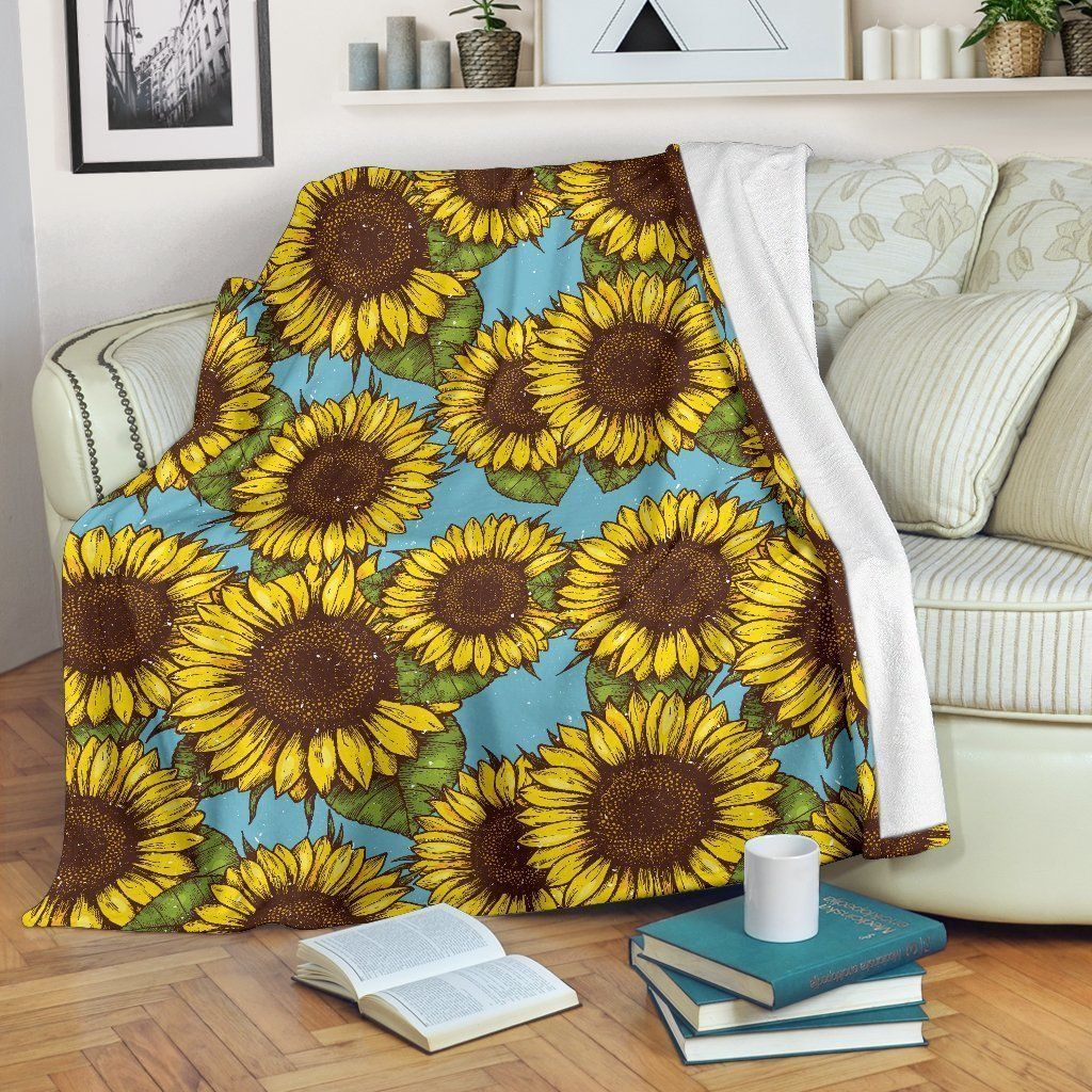 Blue Vintage Sunflower Sherpa Fleece Blanket