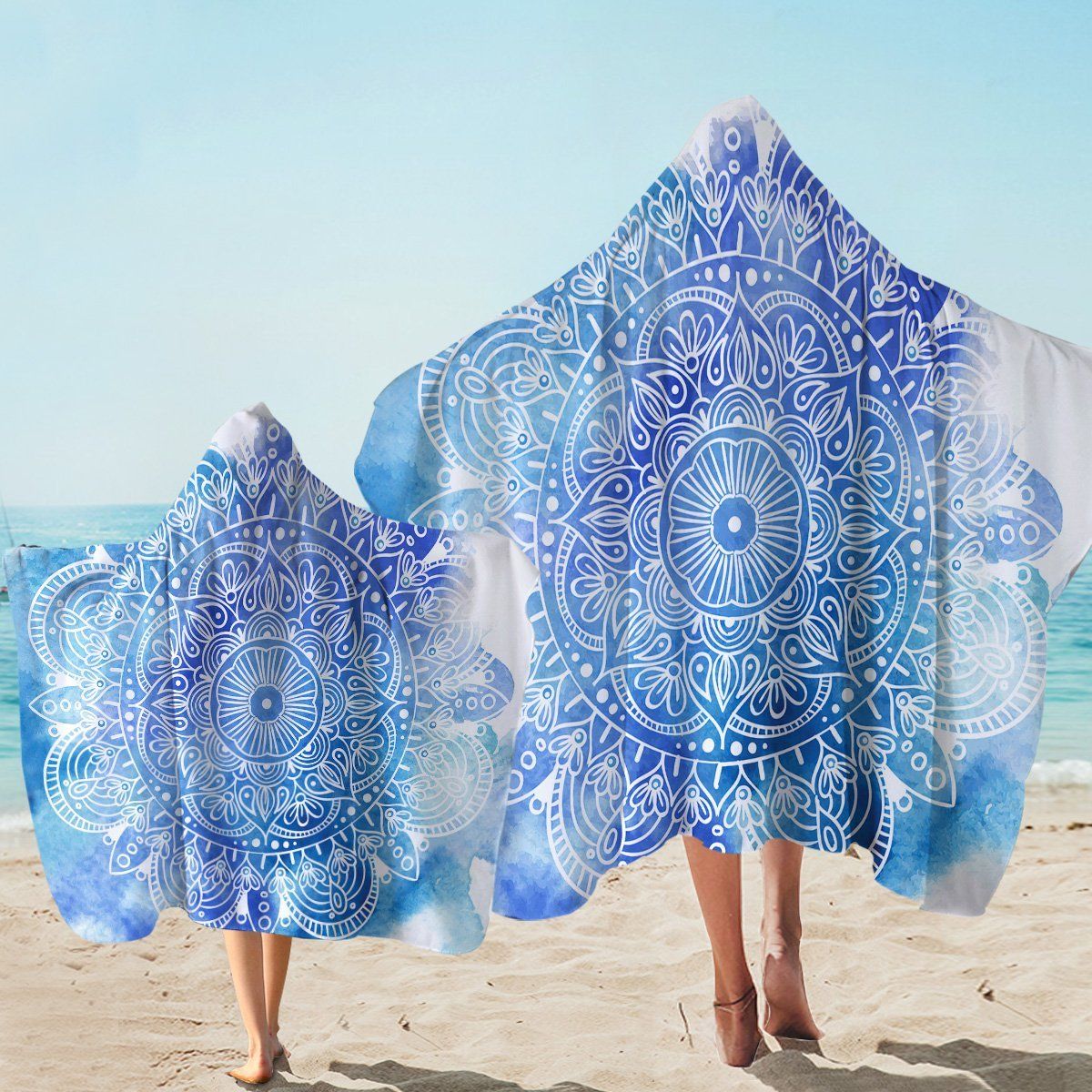 Blue Water Mandala Wheel Printed Hooded Towel