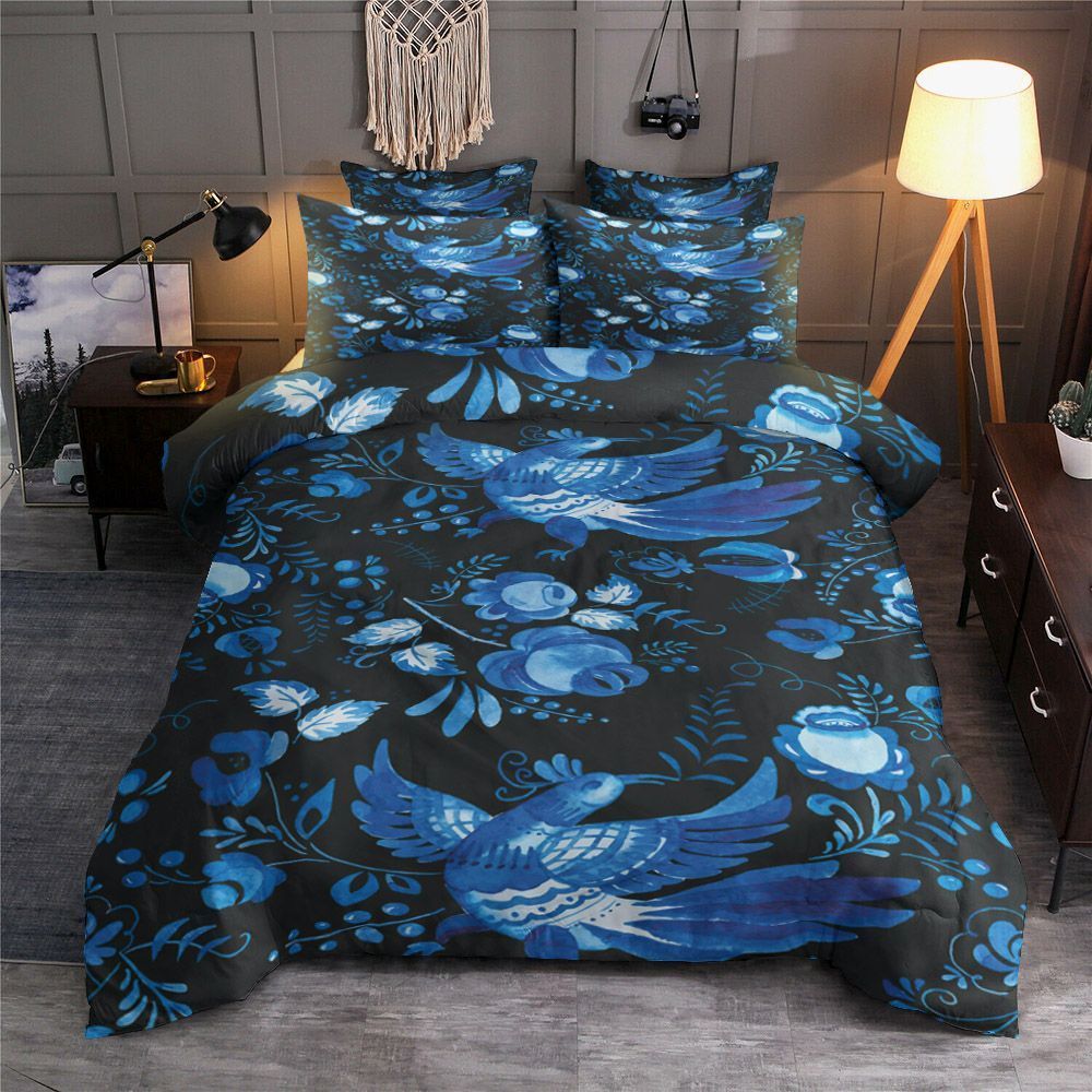 Blue Watercolor Bird And Flower Bedding Set