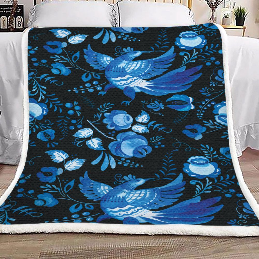 Blue Watercolor Bird And Flower Sherpa Fleece Blanket