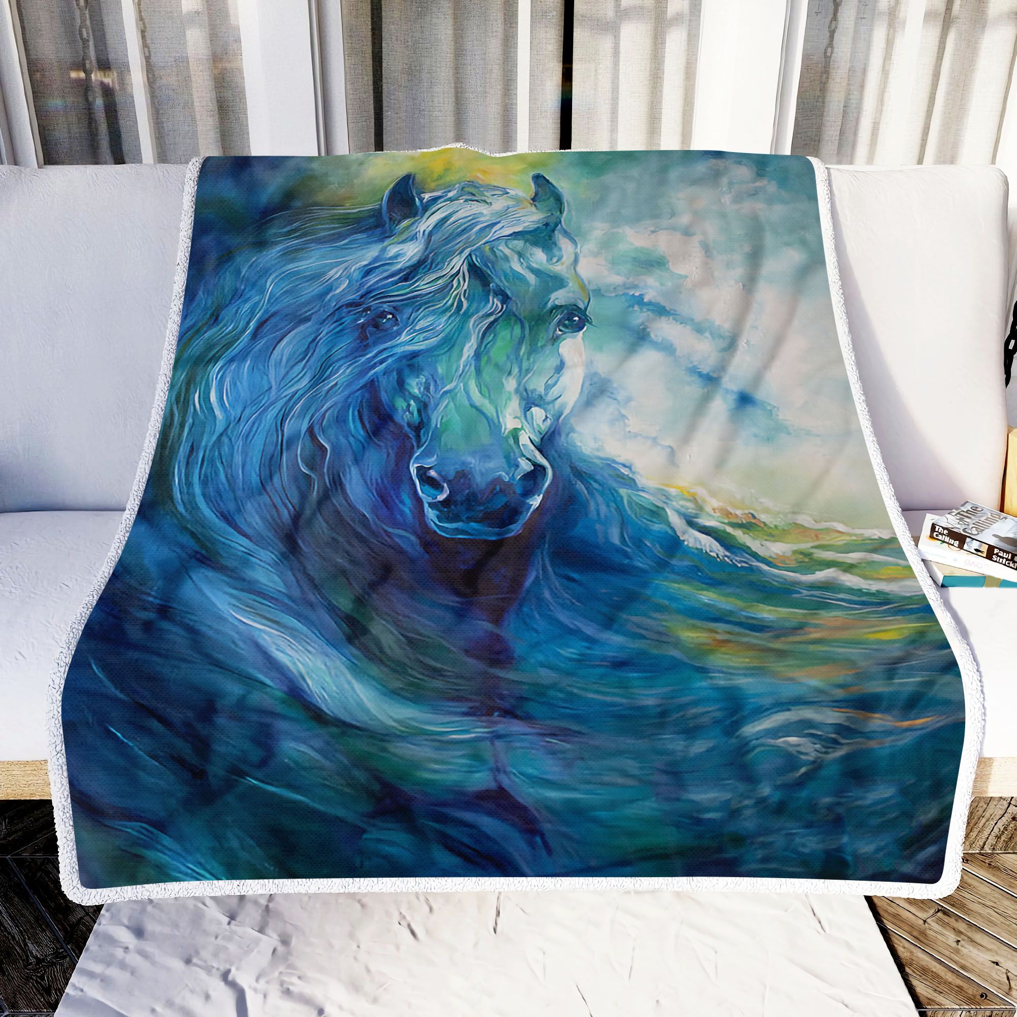 Blue Watercolor Horse Fleece Blanket