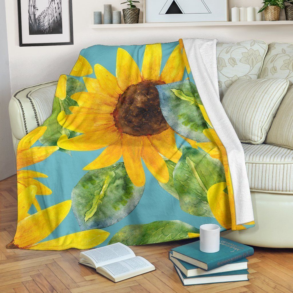 Blue Watercolor Sunflower Sherpa Fleece Blanket