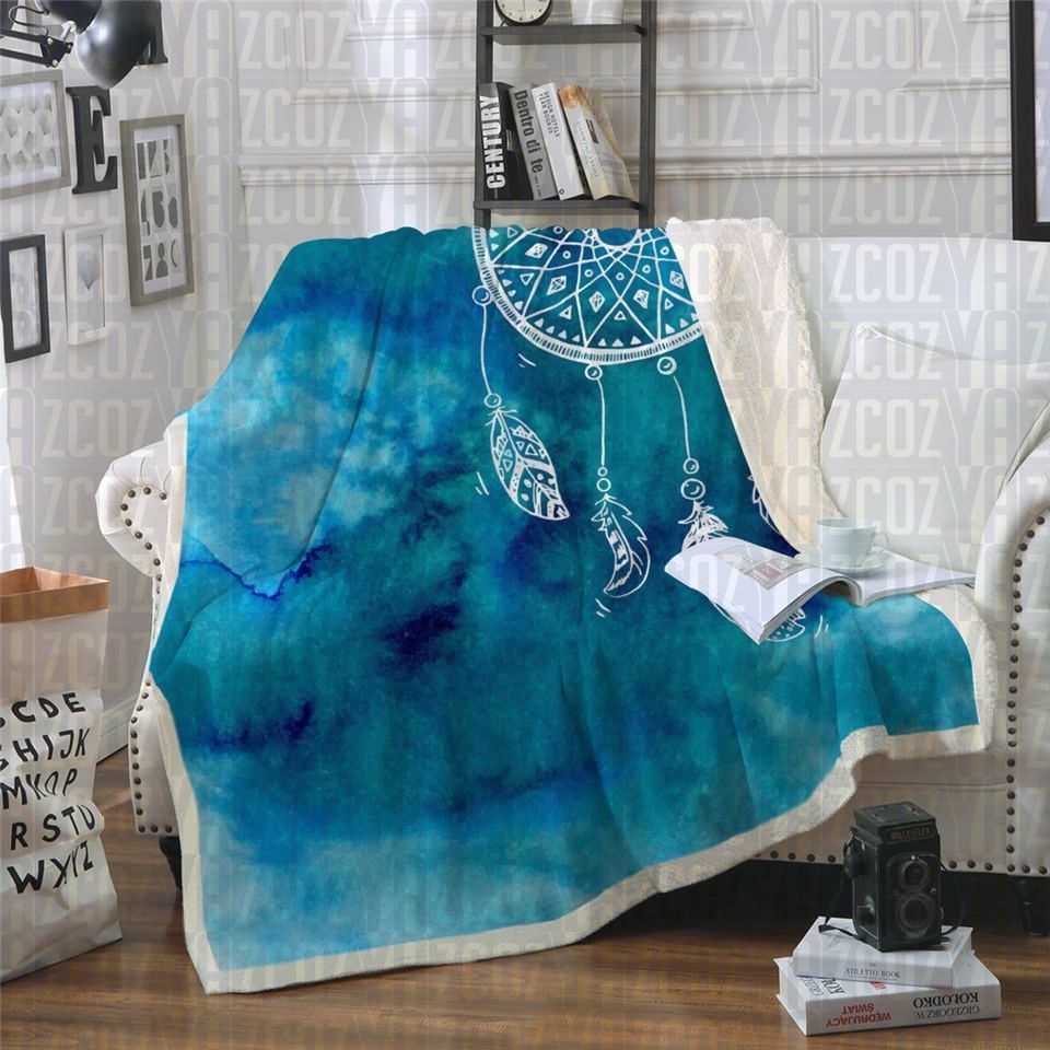 Blue Watercolour Dreamcatcher Sherpa Fleece Blanket