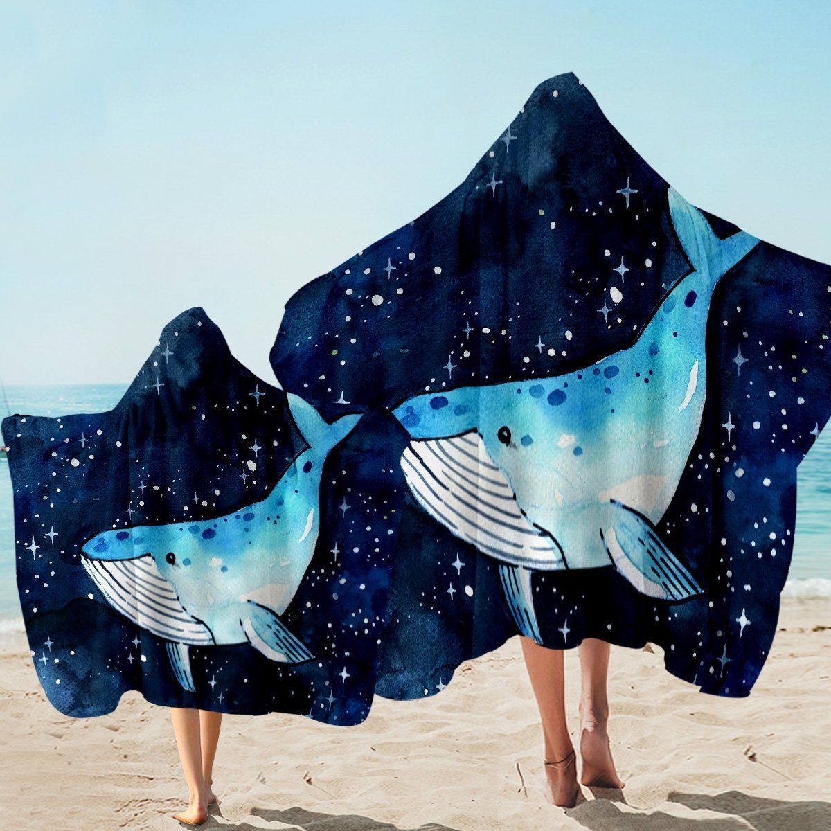 Blue Whale Space Starry Pattern Printed Hooded Towel
