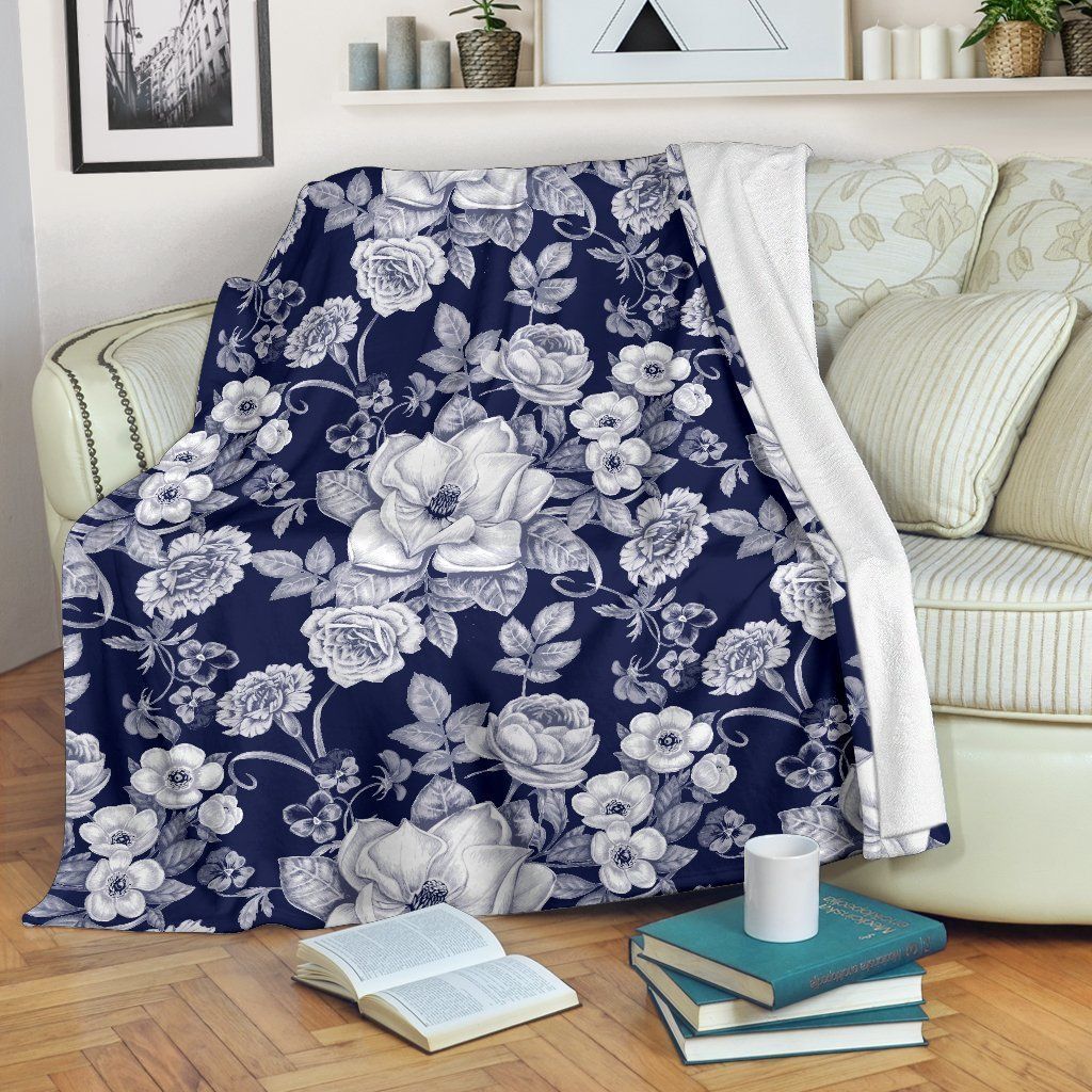 Blue White Floral Infrared Pattern Fleece Blanket