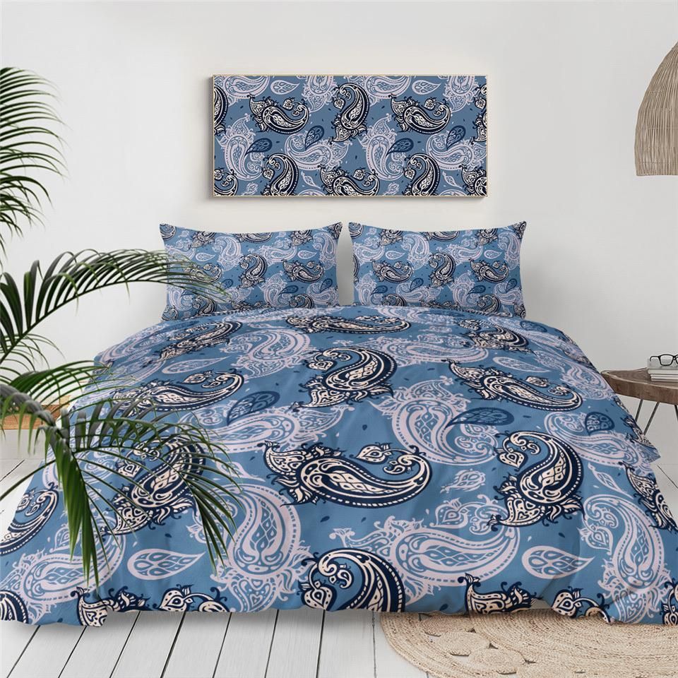 Blue White Paisley Bedding Set