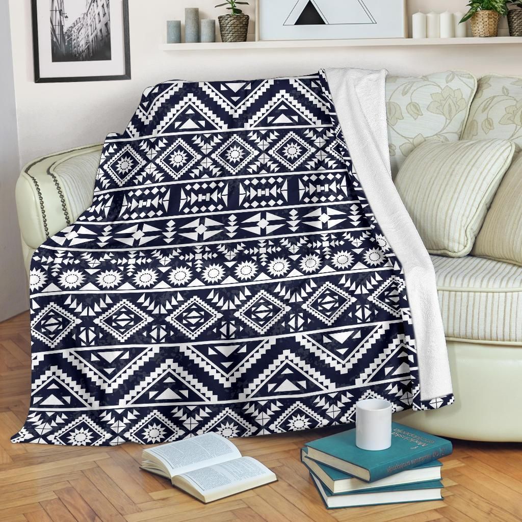 Blue White Tribal Aztec Vintage Printed Fleece Blanket