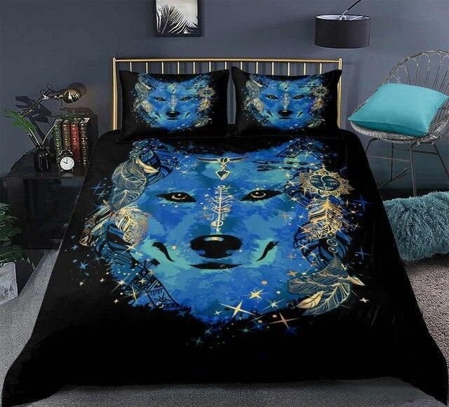 Blue Wolf Boho Feather Bedding Set