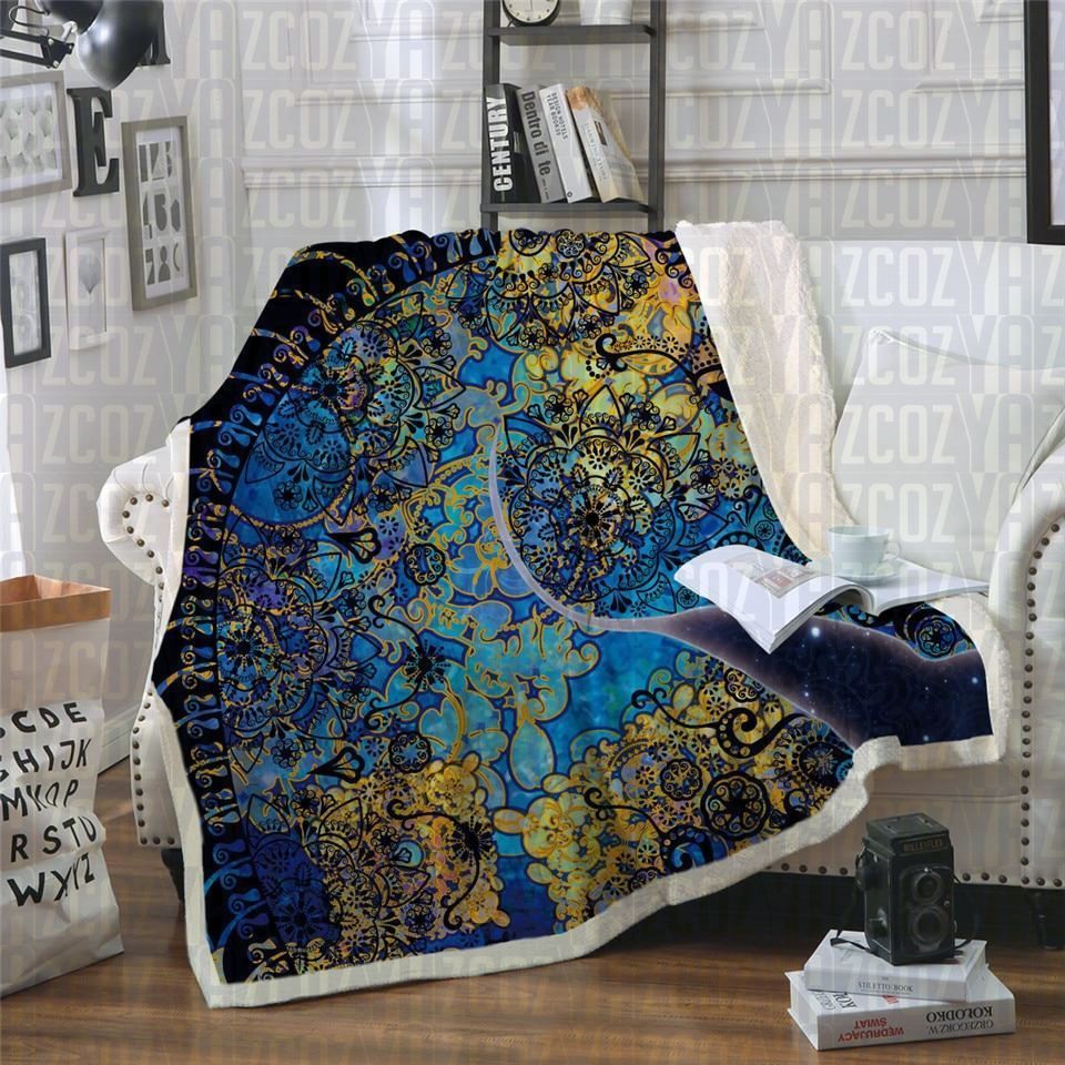 Blue Yellow Mandala Unicorn Sherpa Fleece Blanket