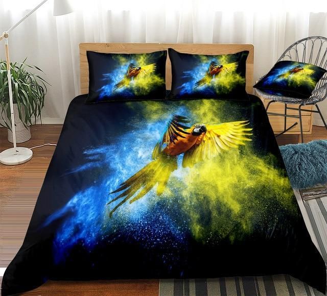 Blue Yellow Wings Parrot Flying Dark Night Bedding Set