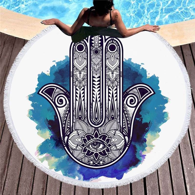 Blurry Line Palm Watercolor Printed Round Beach Towel
