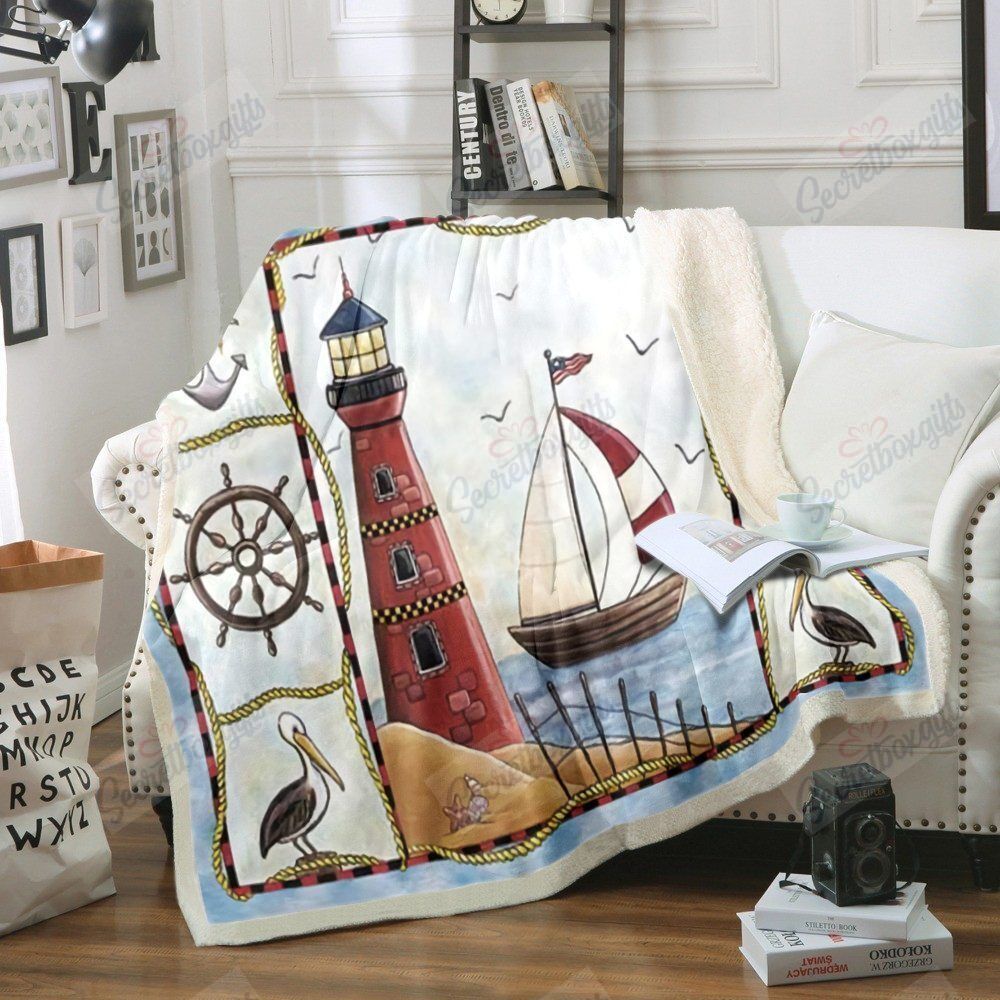 Boat And Lighthouse Fleece Blanket
