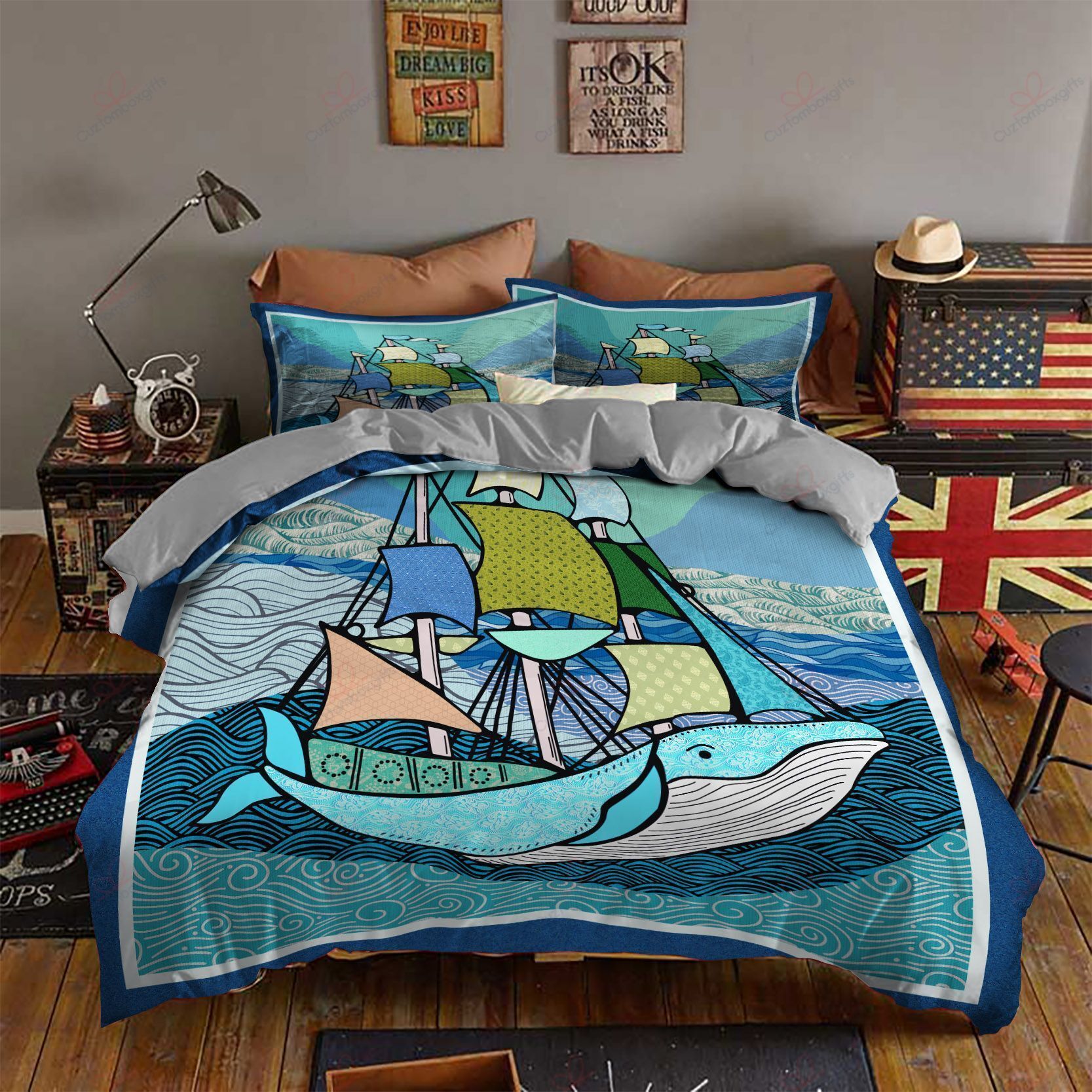 Boat And Whale Printed Bedding Set