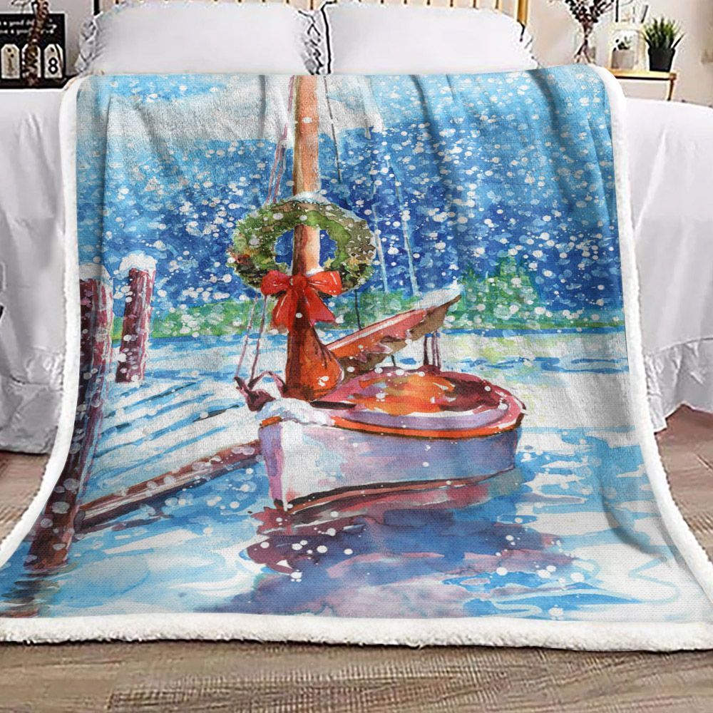 Boat In Snow Christmas Sherpa Fleece Blanket