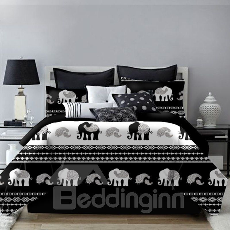 Bohemia Style And Elephant Black And White Bedding Set