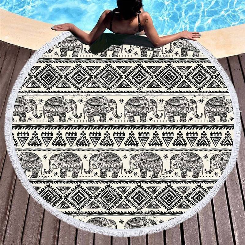Bohemian Baby Elephants Printed Round Beach Towel