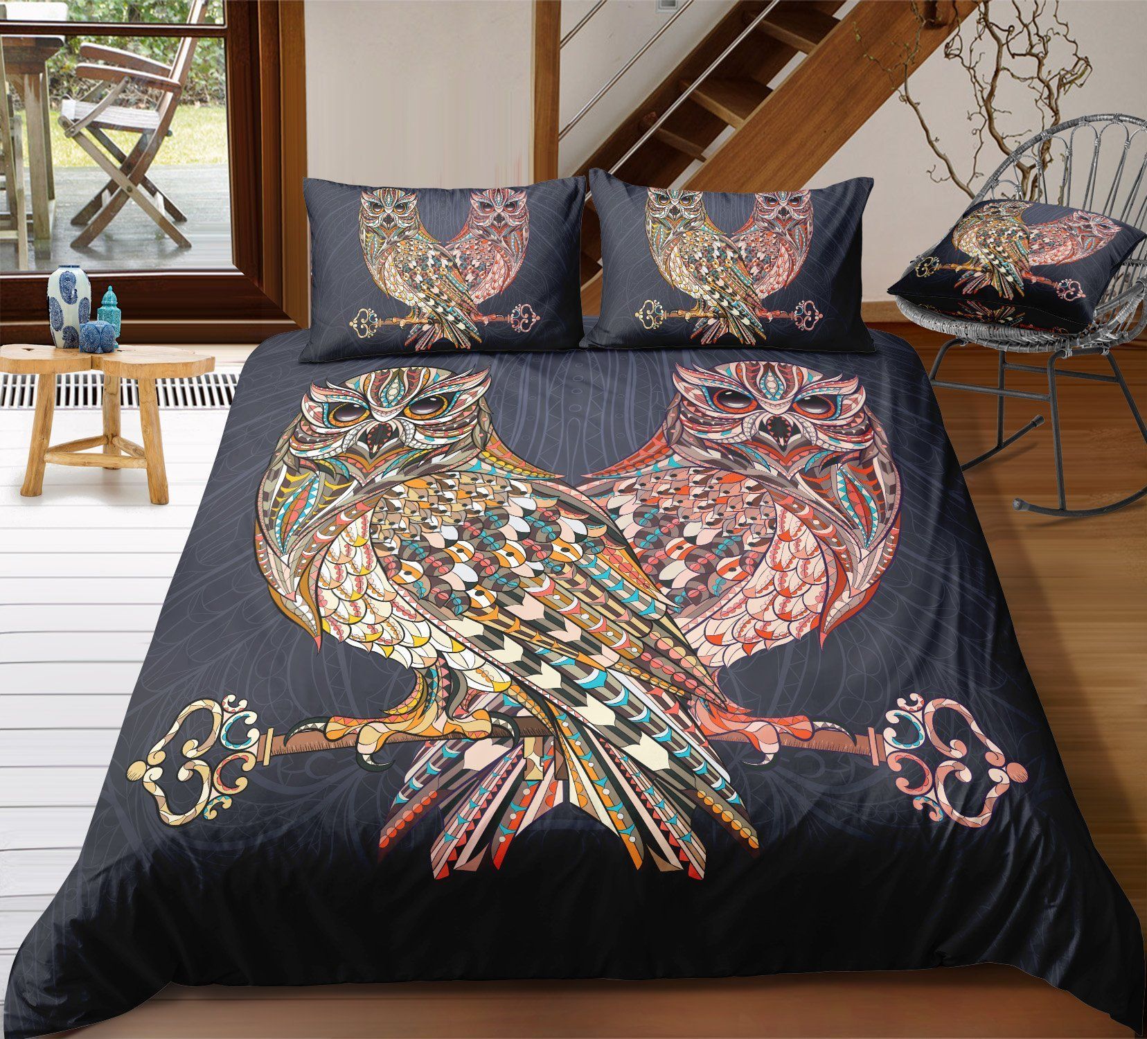Bohemian Black Mysterious Owl Printed Bedding Set